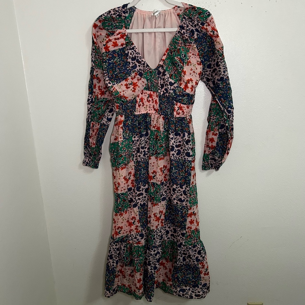&Merci patchwork style floral long sleeve midi dress